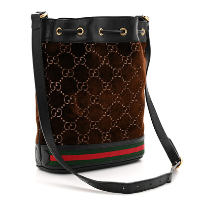 Gucci Velvet GG Monogram Textured Calfskin Web Bucket Bag Brown Black 3 of 11