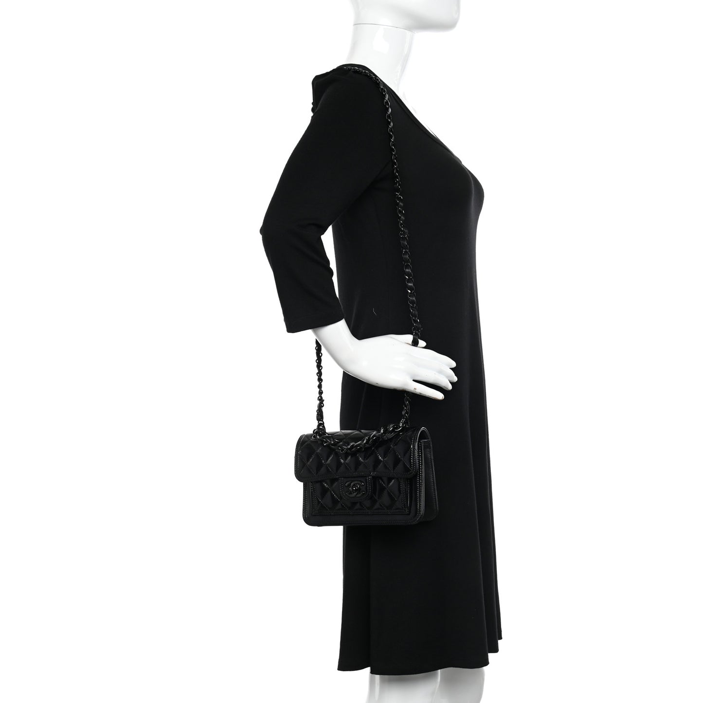 Shiny Crumpled Calfskin Quilted Double You Mini Flap So Black