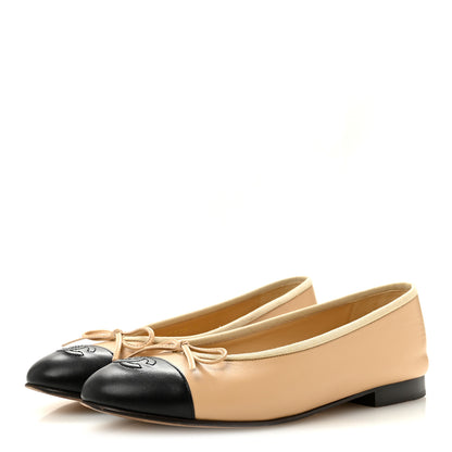 Chanel Lambskin Cap Toe CC Ballerina Flats 37.5 Beige Black 4 of 9