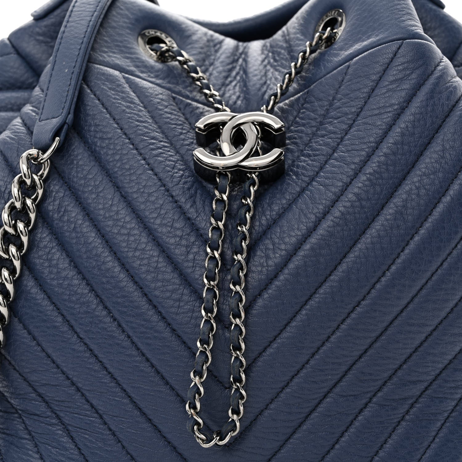 Chanel Deerskin Chevron Medium CC Chain Bucket Drawstring Bag Navy Blue 7 of 9