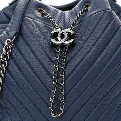 Chanel Deerskin Chevron Medium CC Chain Bucket Drawstring Bag Navy Blue 7 of 9