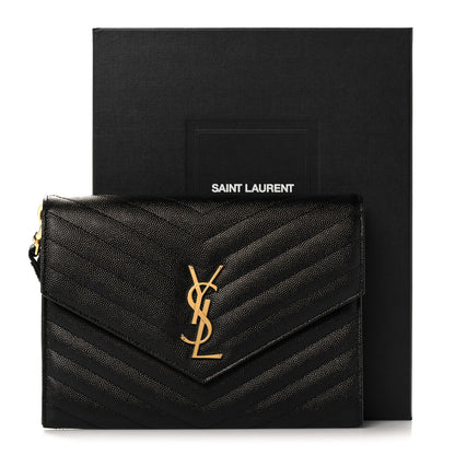 Saint Laurent Grain De Poudre Matelasse Chevron Monogram Envelope Clutch Black 11 of 11