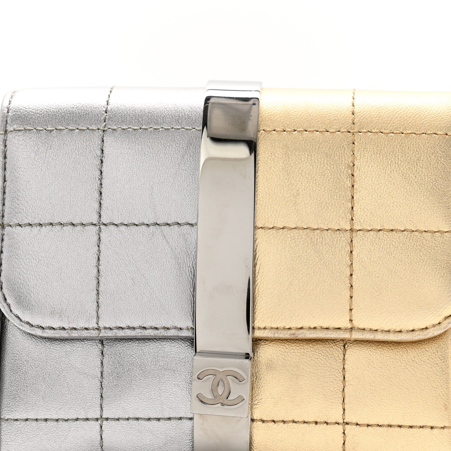 Chanel Metallic Lambskin Square Quilted Wristlet Clutch Gold Silver 8 of 10