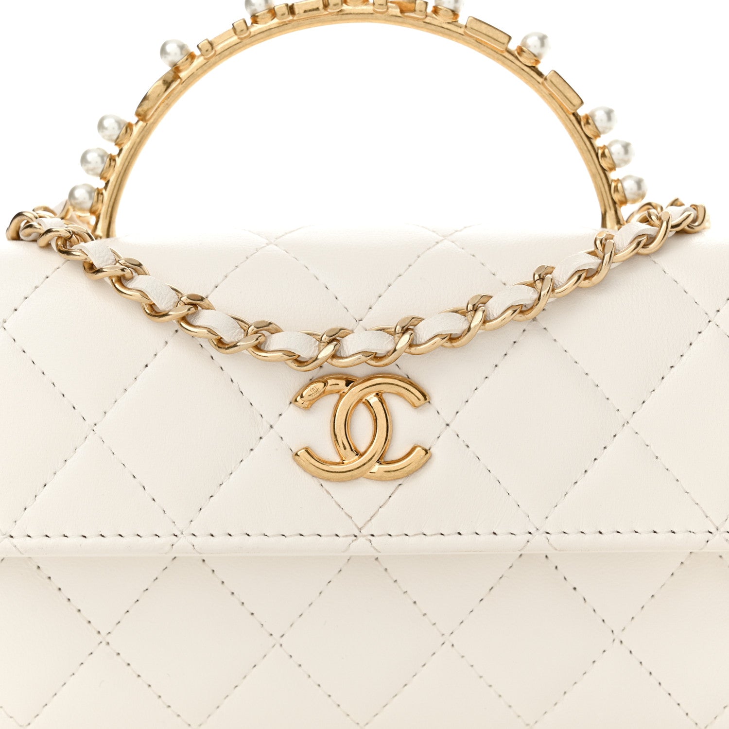 Chanel Lambskin Pearl Crystal Quilted Pearly Girl Handle Flap Phone Holder With Chain White 8 of 11