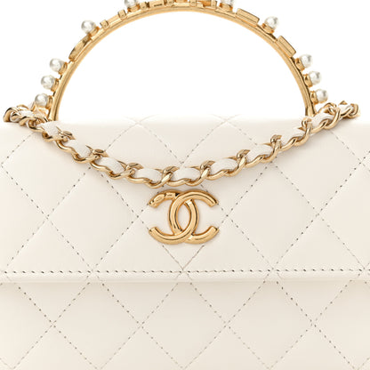 Chanel Lambskin Pearl Crystal Quilted Pearly Girl Handle Flap Phone Holder With Chain White 8 of 11