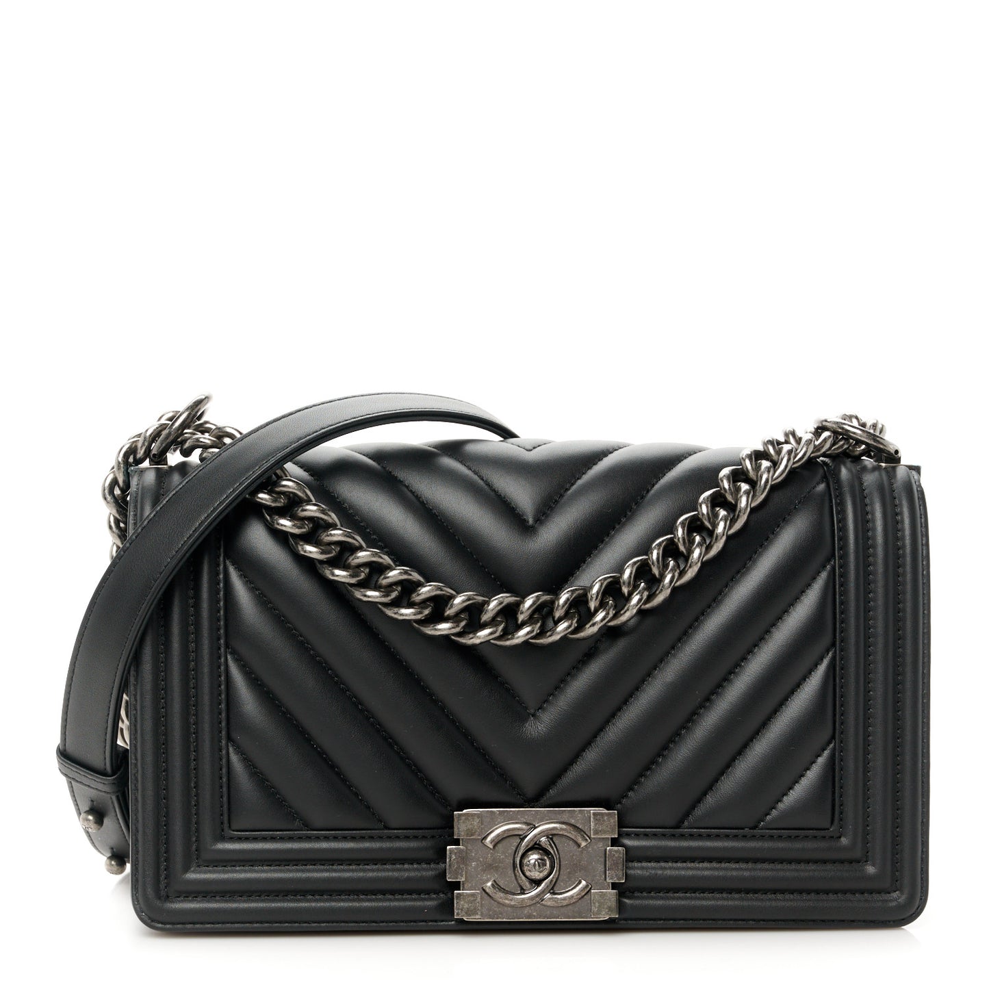 Calfskin Chevron Quilted Medium Boy Flap Black