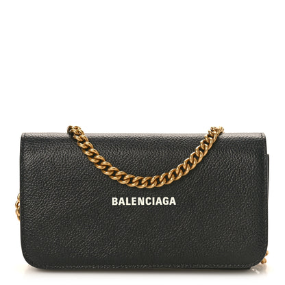Balenciaga Grained Calfskin Logo Cash Phone Holder Wallet On Chain Black White 1 of 9