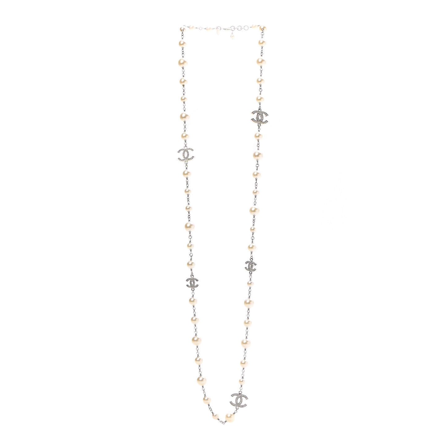 Crystal Pearl CC Long Necklace Silver