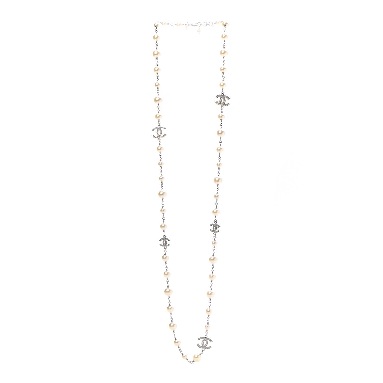 Chanel Crystal Pearl CC Long Necklace Silver 3 of 7