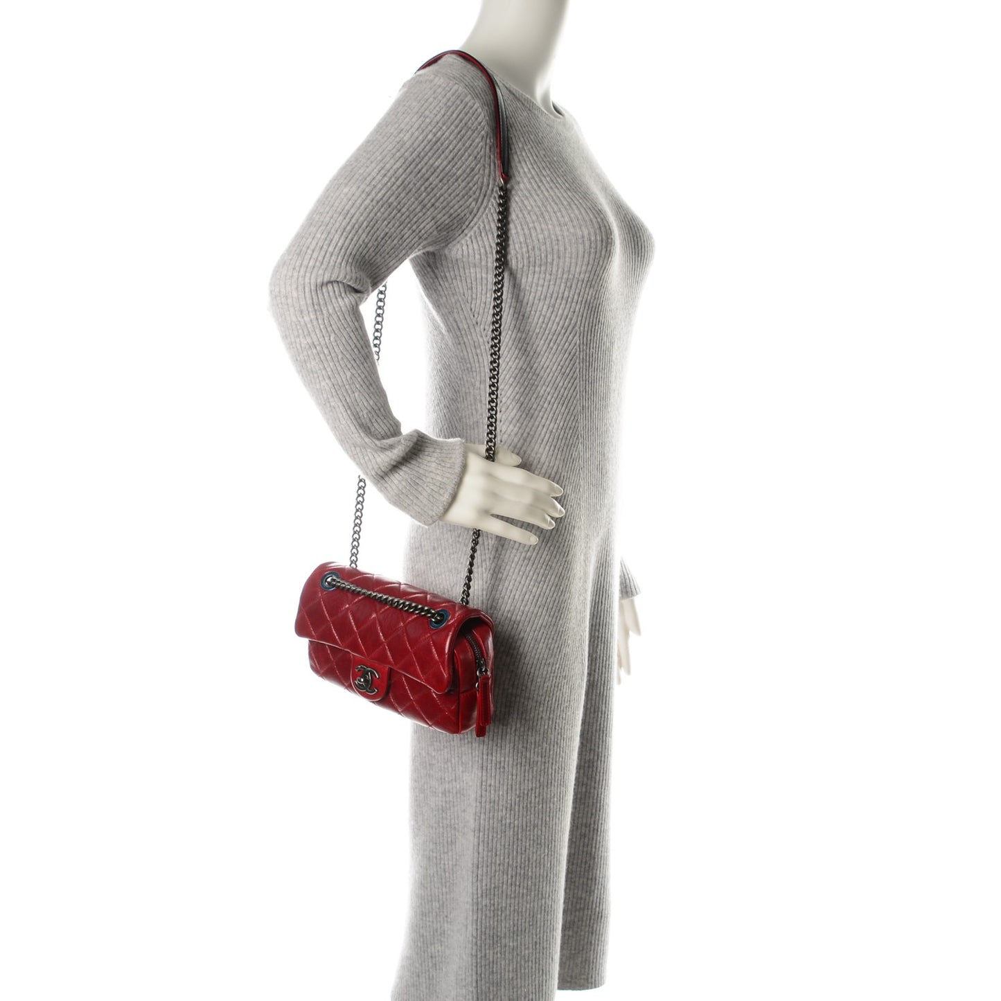 Glazed Calfskin Quilted Small Duo Color Flap Red