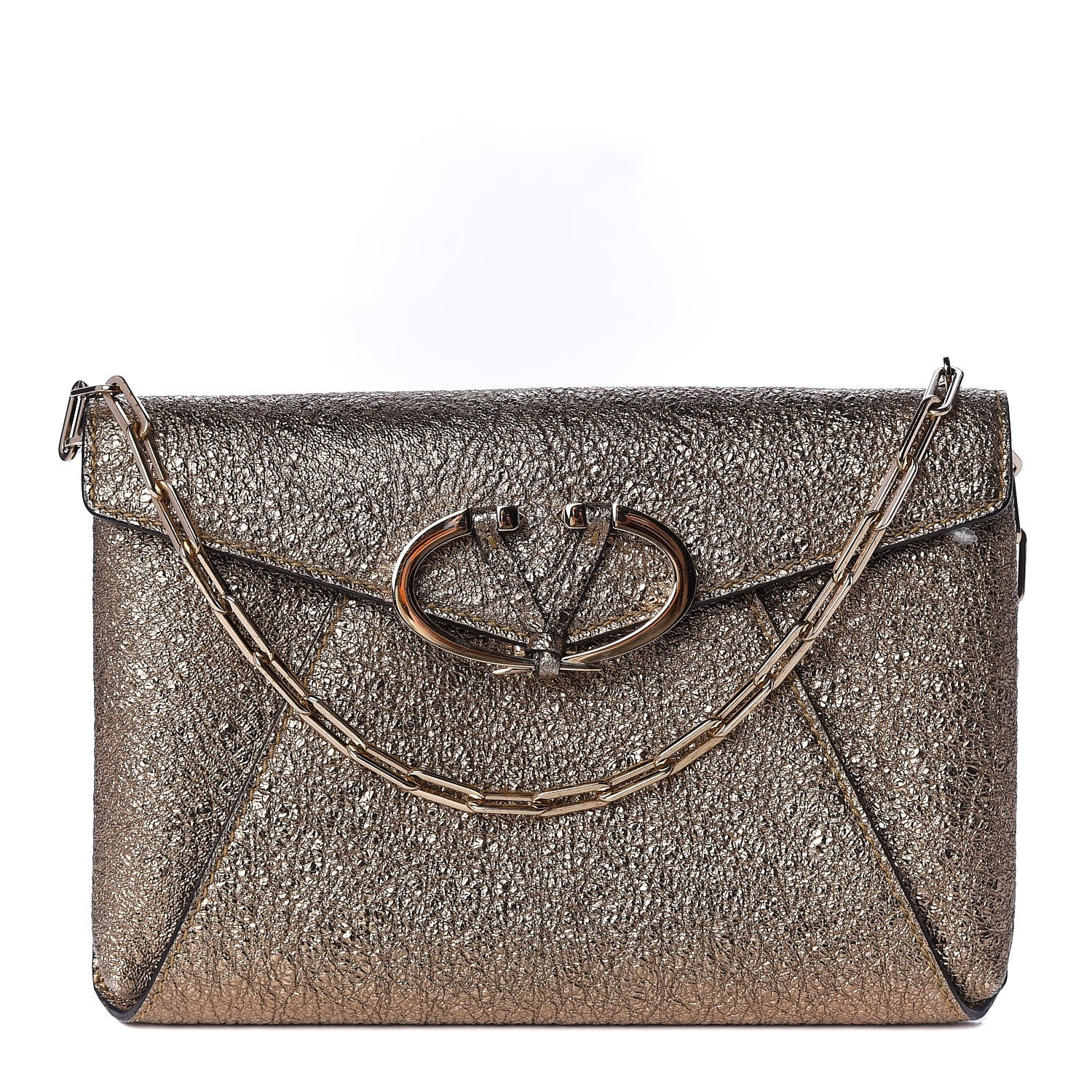 Valentino Garavani Metallic Calfskin V Rivet Chain Clutch Platinum 1 of 11
