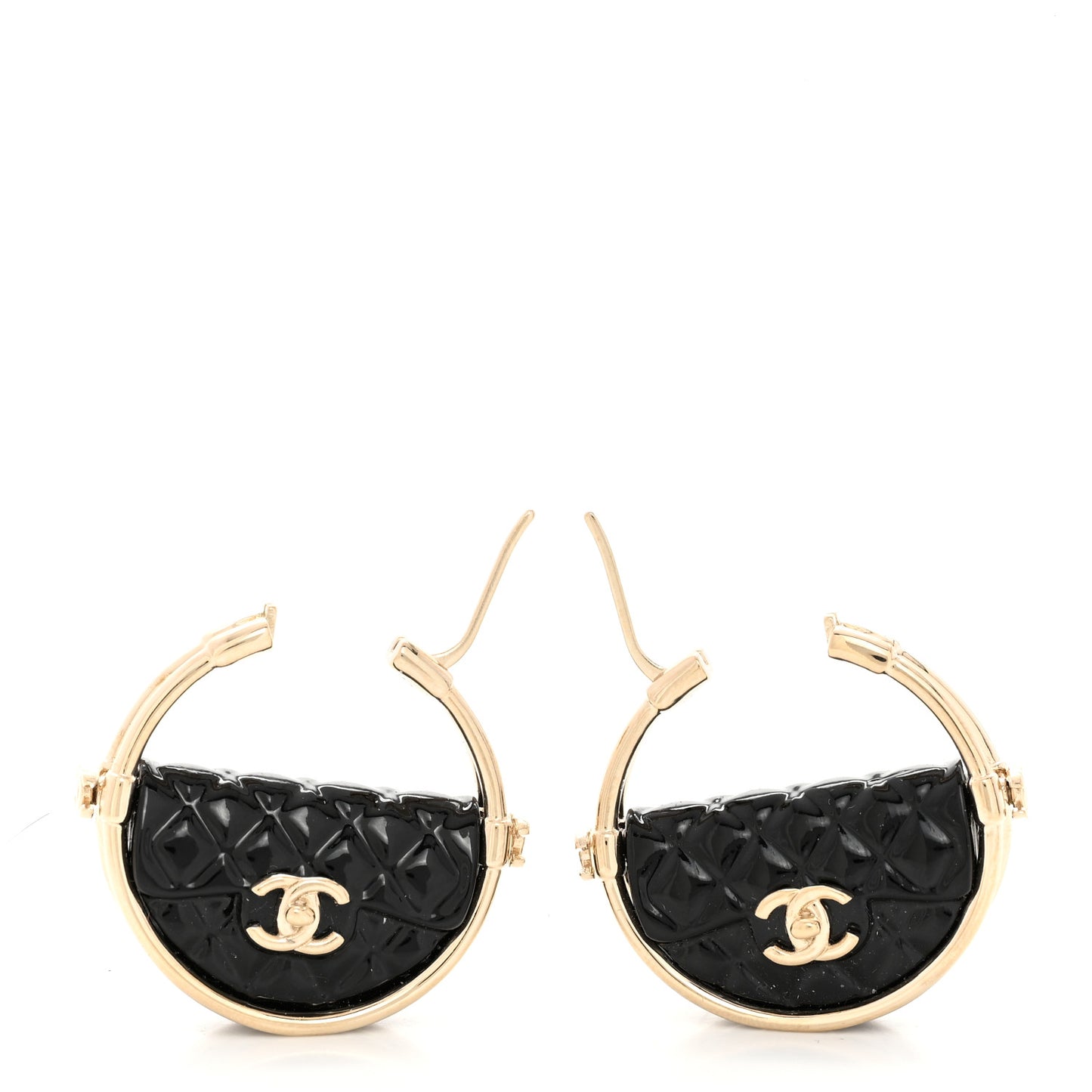 Metal Resin Quilted Flap Bag Hoop Earrings Black Gold