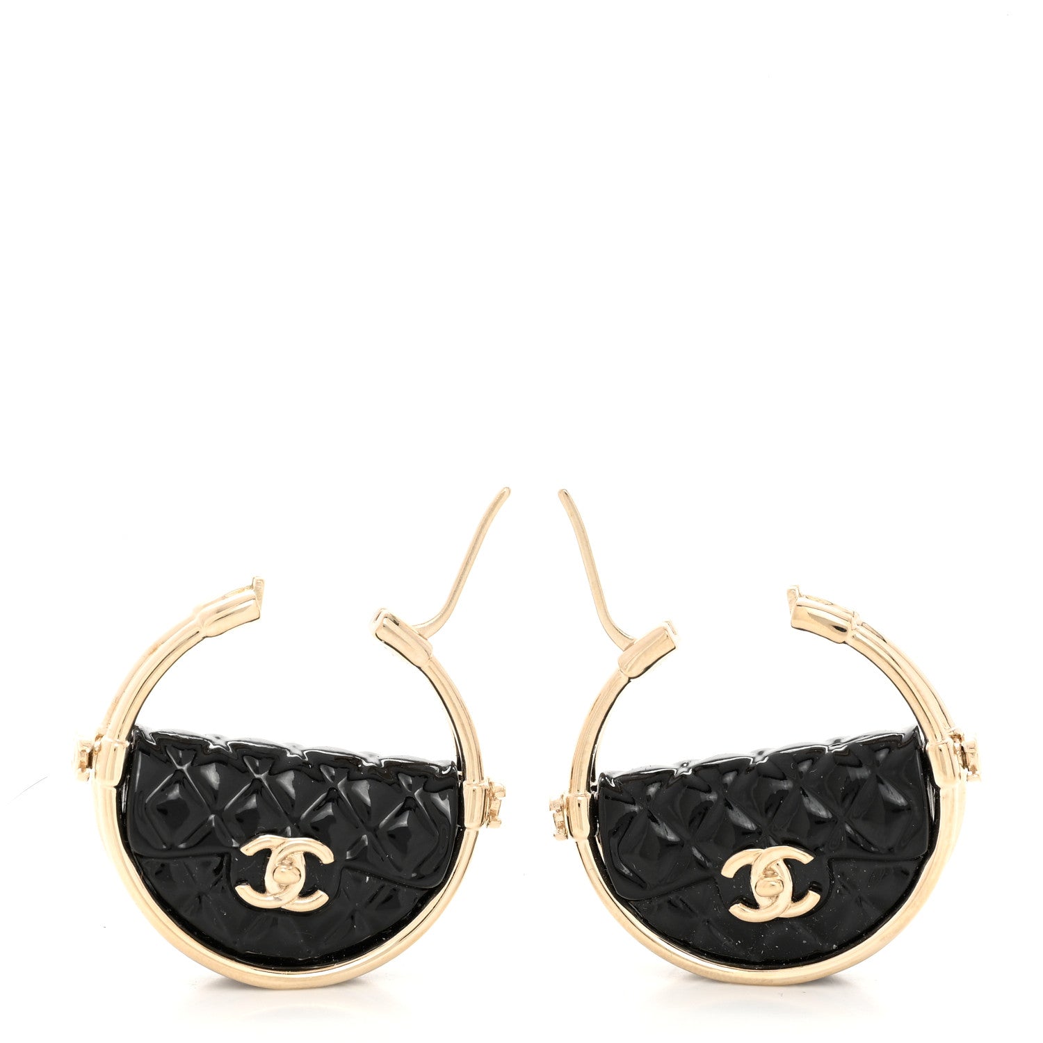 Chanel Metal Resin Quilted Flap Bag Hoop Earrings Black Gold 3 of 5