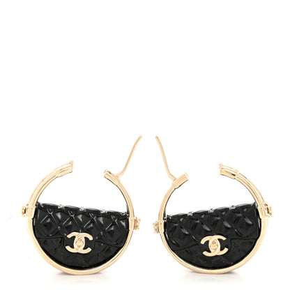 Chanel Metal Resin Quilted Flap Bag Hoop Earrings Black Gold 3 of 5
