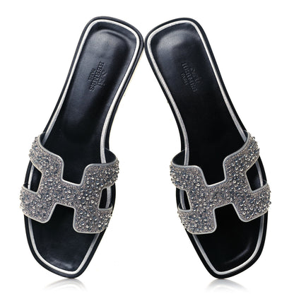 Hermes Velvet Goatskin Crystal Beads Oran Sandals 39.5 Gris Argente 5 of 11