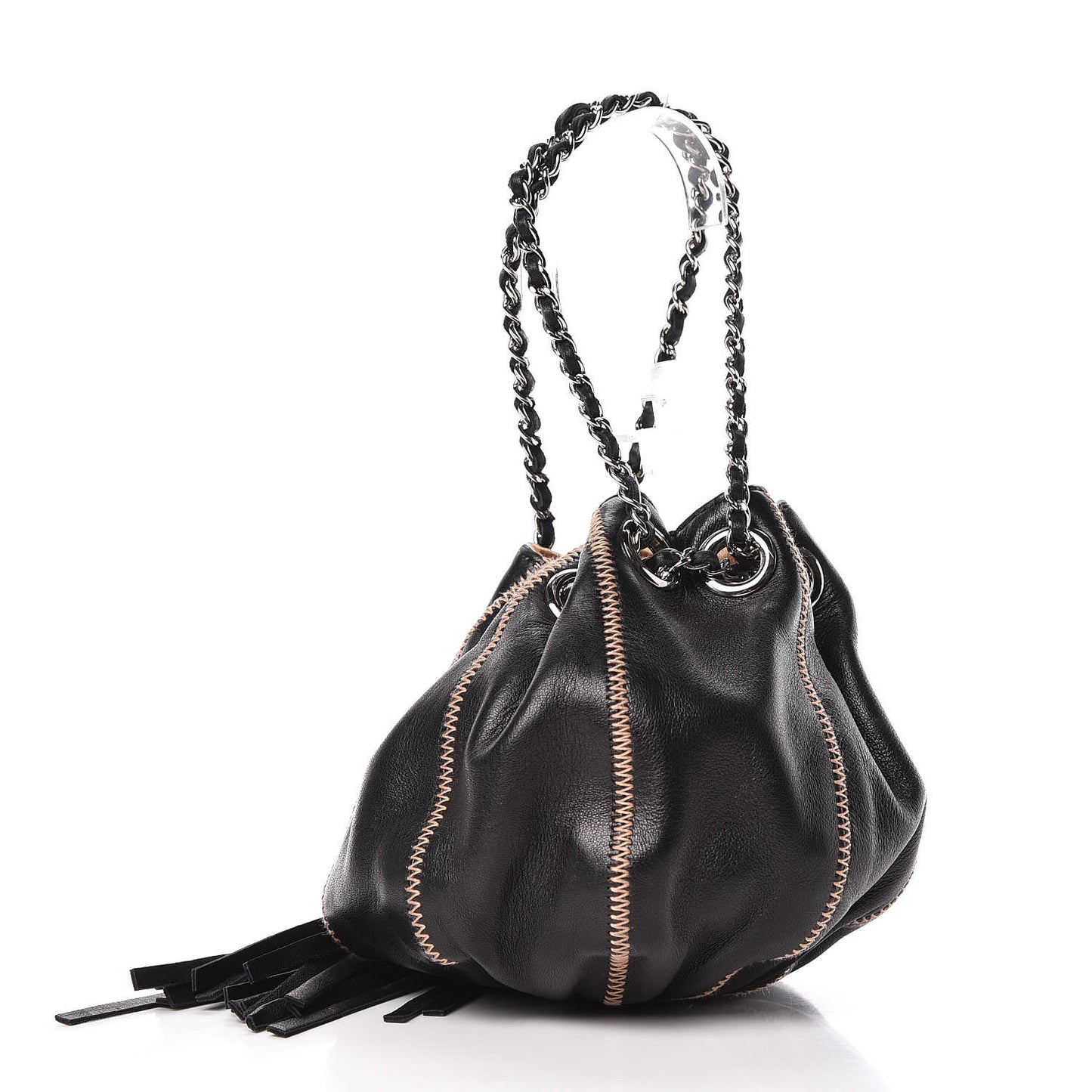 Lambskin Satin Mini Drawstring Tassel Shoulder Bag Black