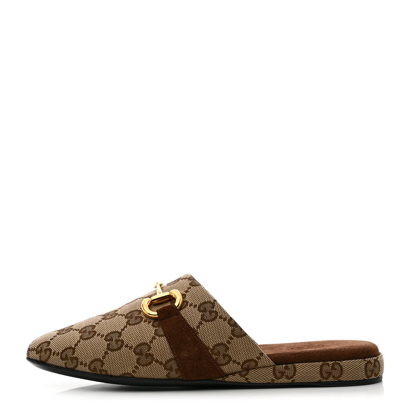 GG Monogram Suede Womens Horsebit Slippers 36.5 Beige Ebony Brown