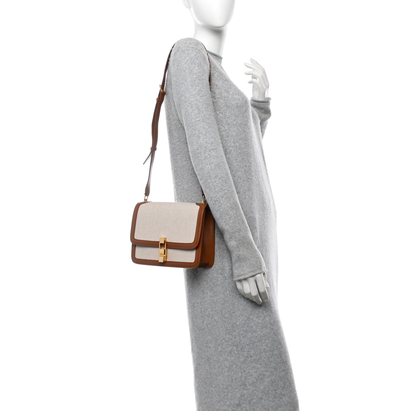 Calfskin Canvas Carre Satchel Beige Brown