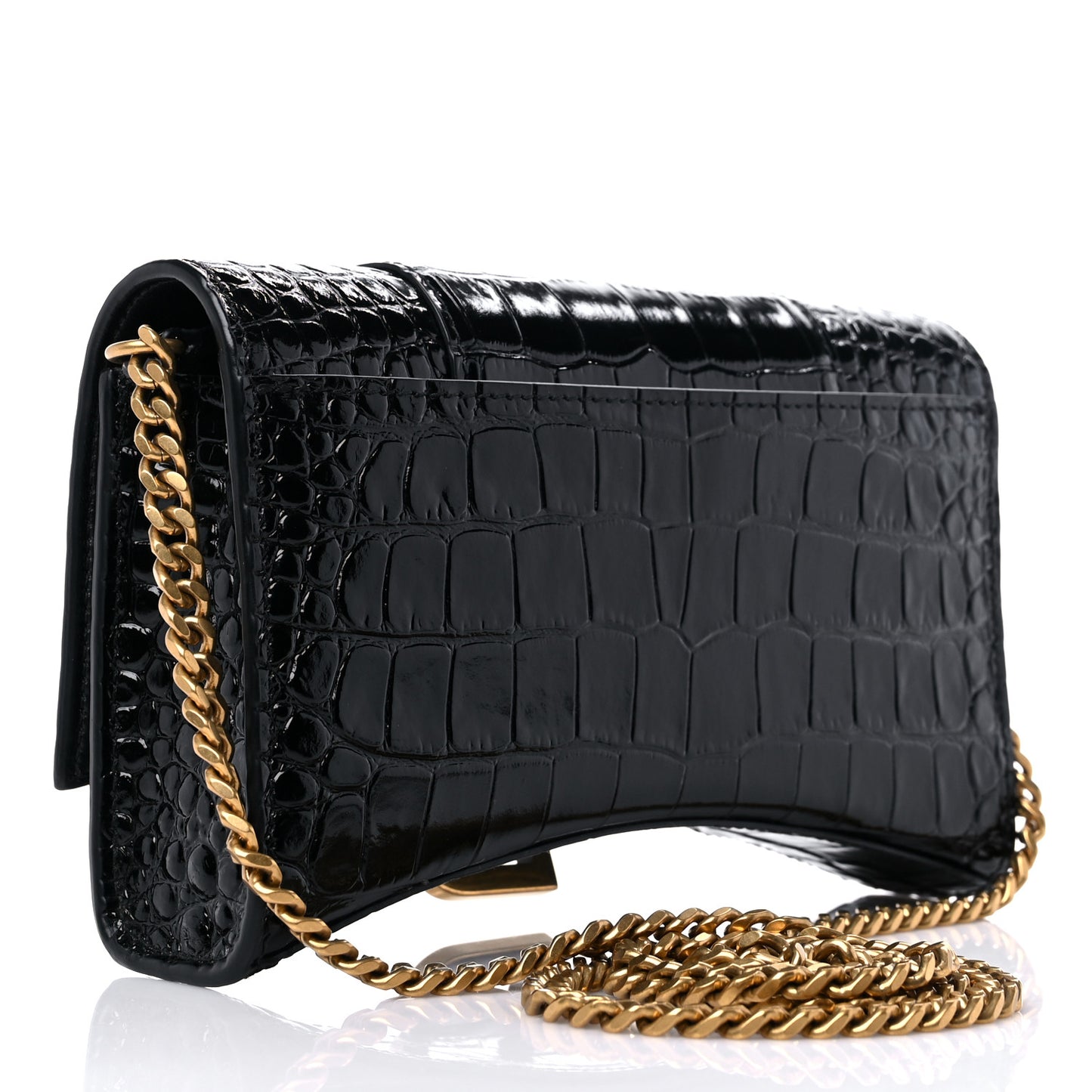 Shiny Calfskin Crocodile Embossed Hourglass Chain Bag Black