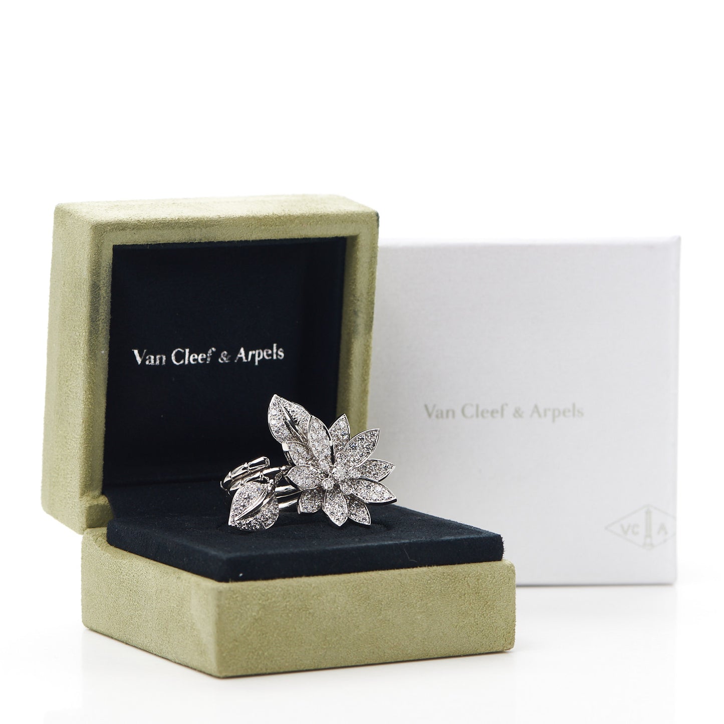 18K White Gold Diamond Lotus Between The Finger Ring 50 5.25