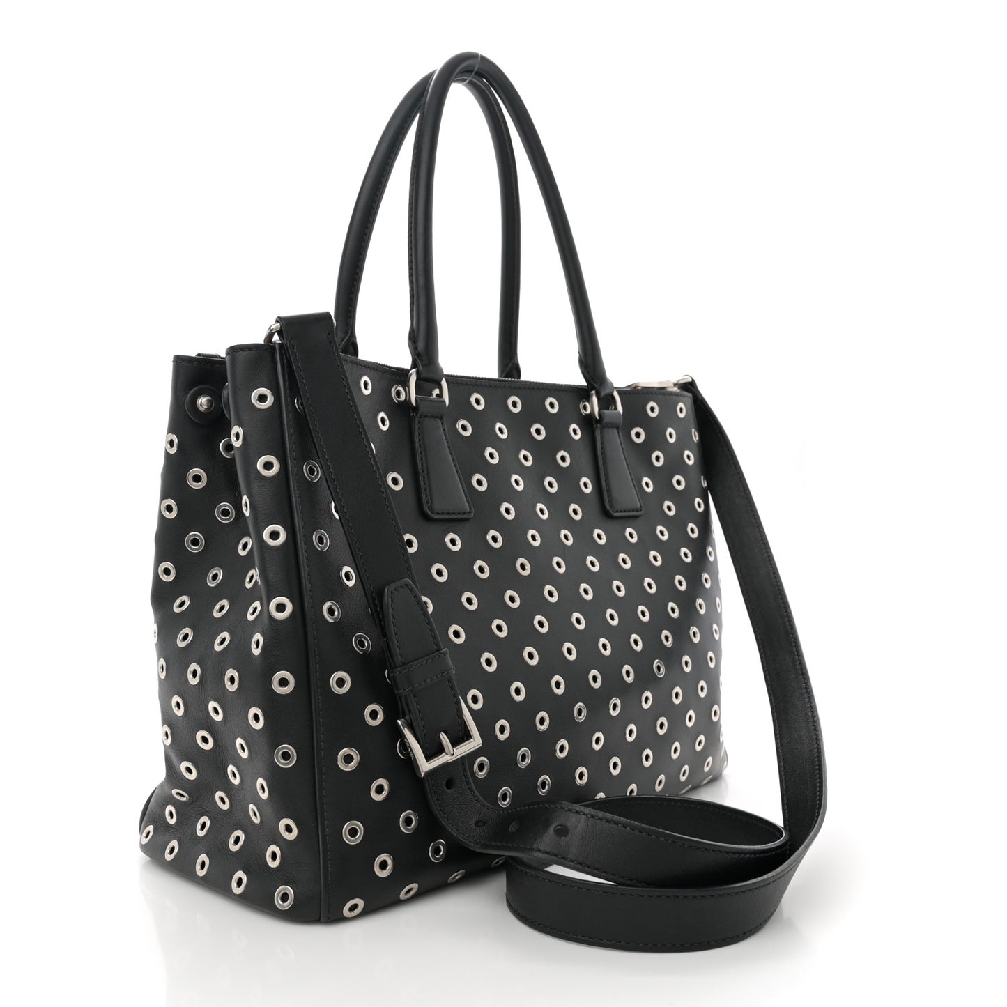 City Calf Grommet Large Double Zip Tote Black