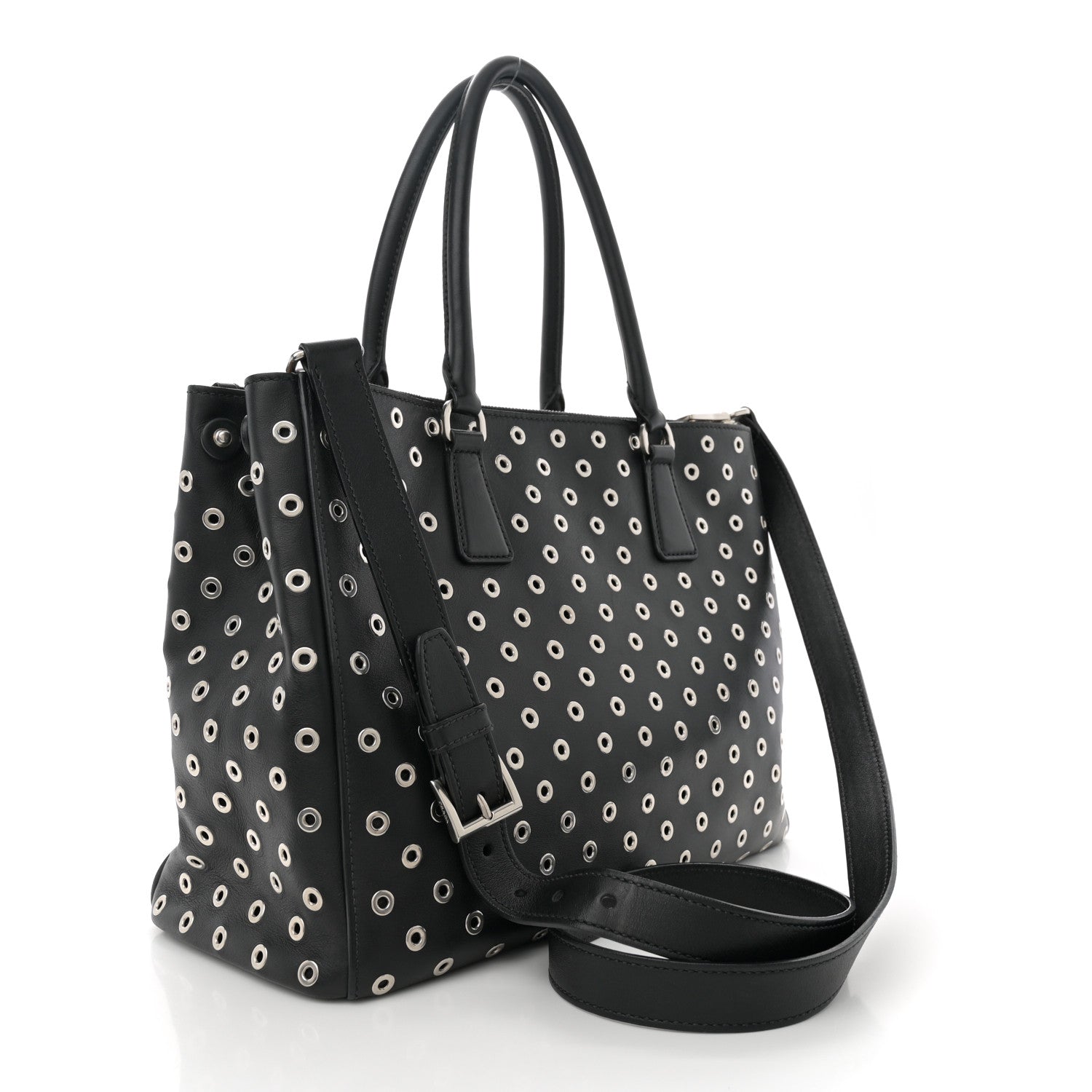 Prada City Calf Grommet Large Double Zip Tote Black 3 of 15
