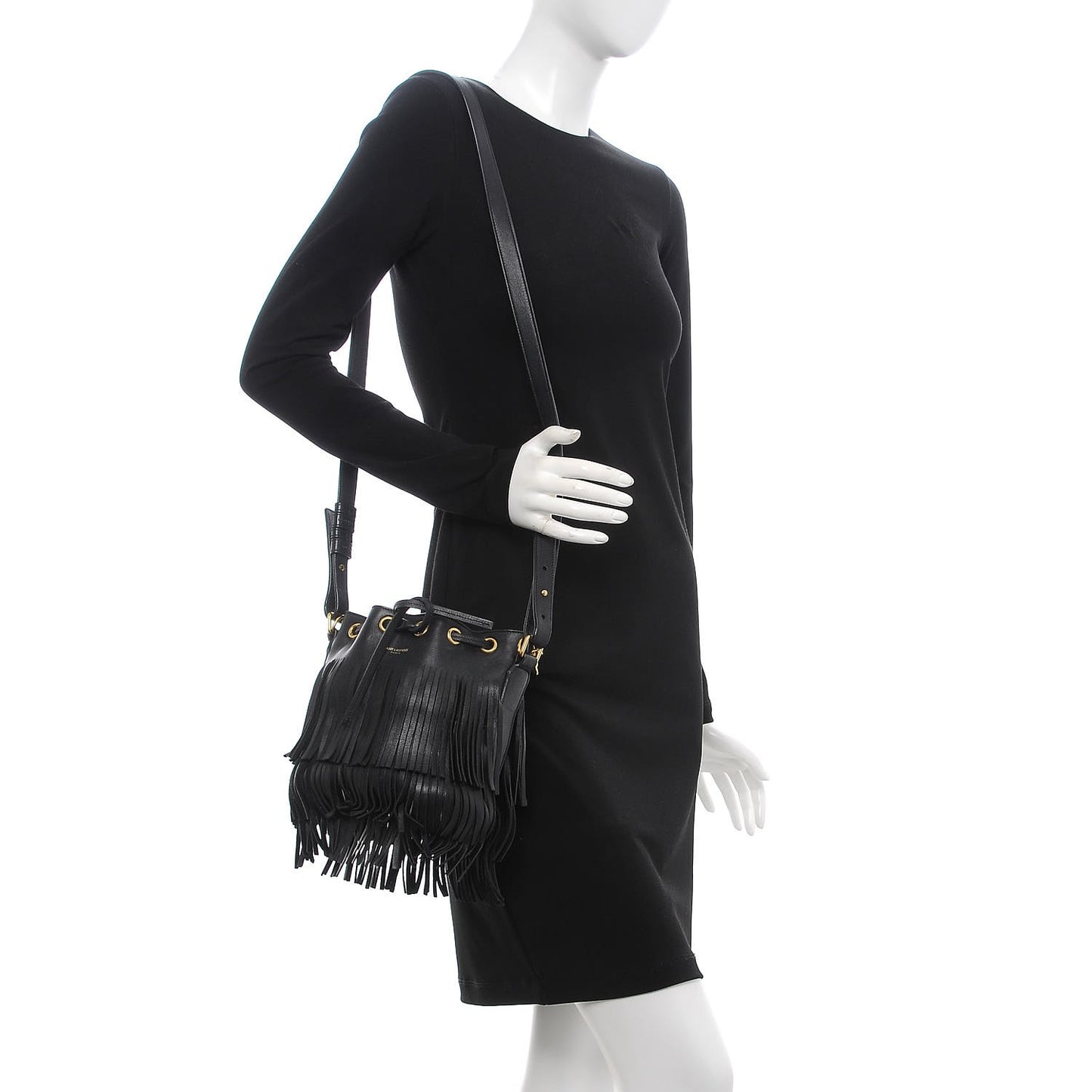 Calfskin Small Emmanuelle Fringe Bucket Bag Black