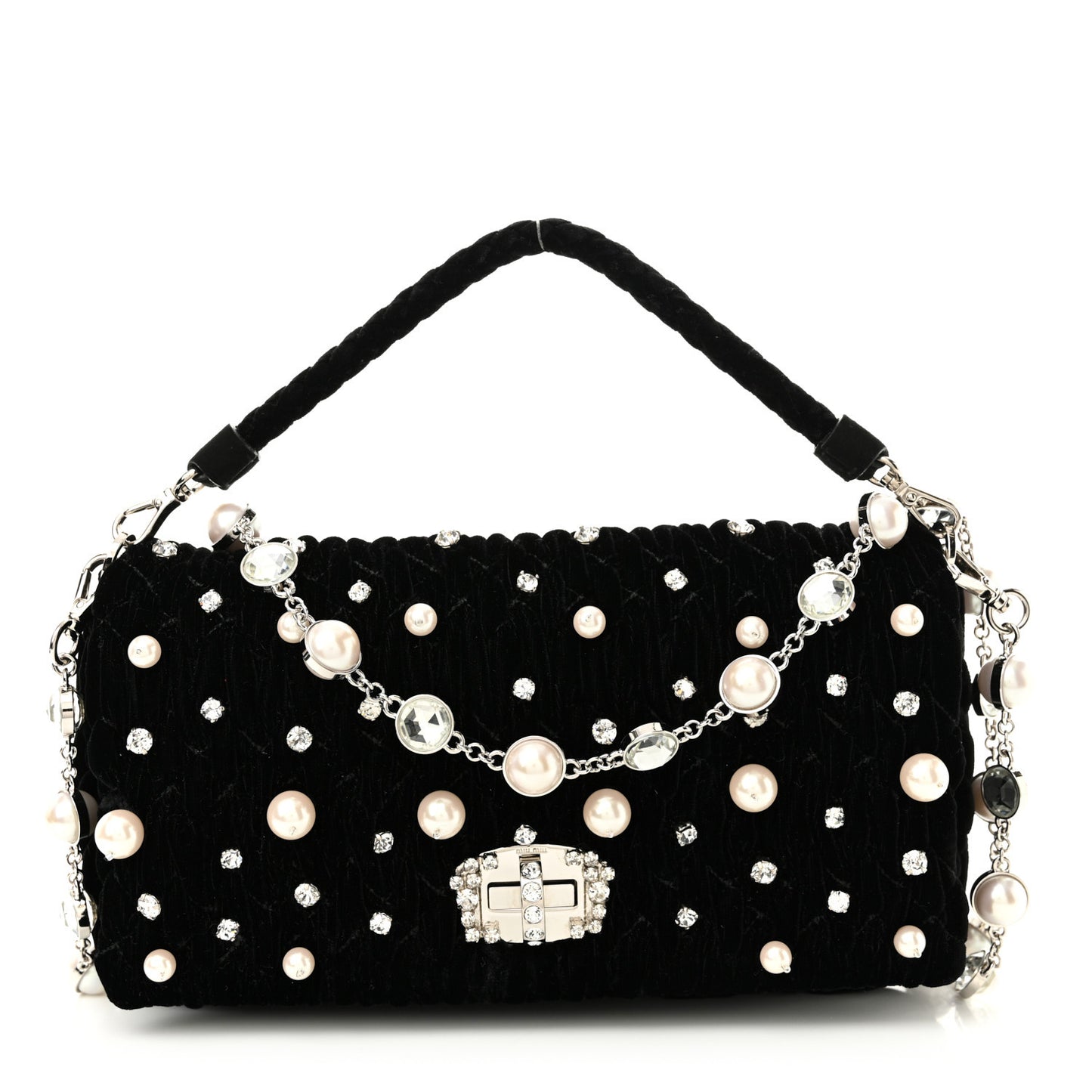 Velvet Matelasse Crystal Pearl Chain Shoulder Bag Black