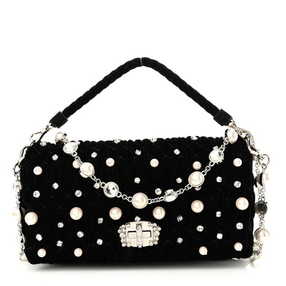 Miu Miu Velvet Matelasse Crystal Pearl Chain Shoulder Bag Black 1 of 10