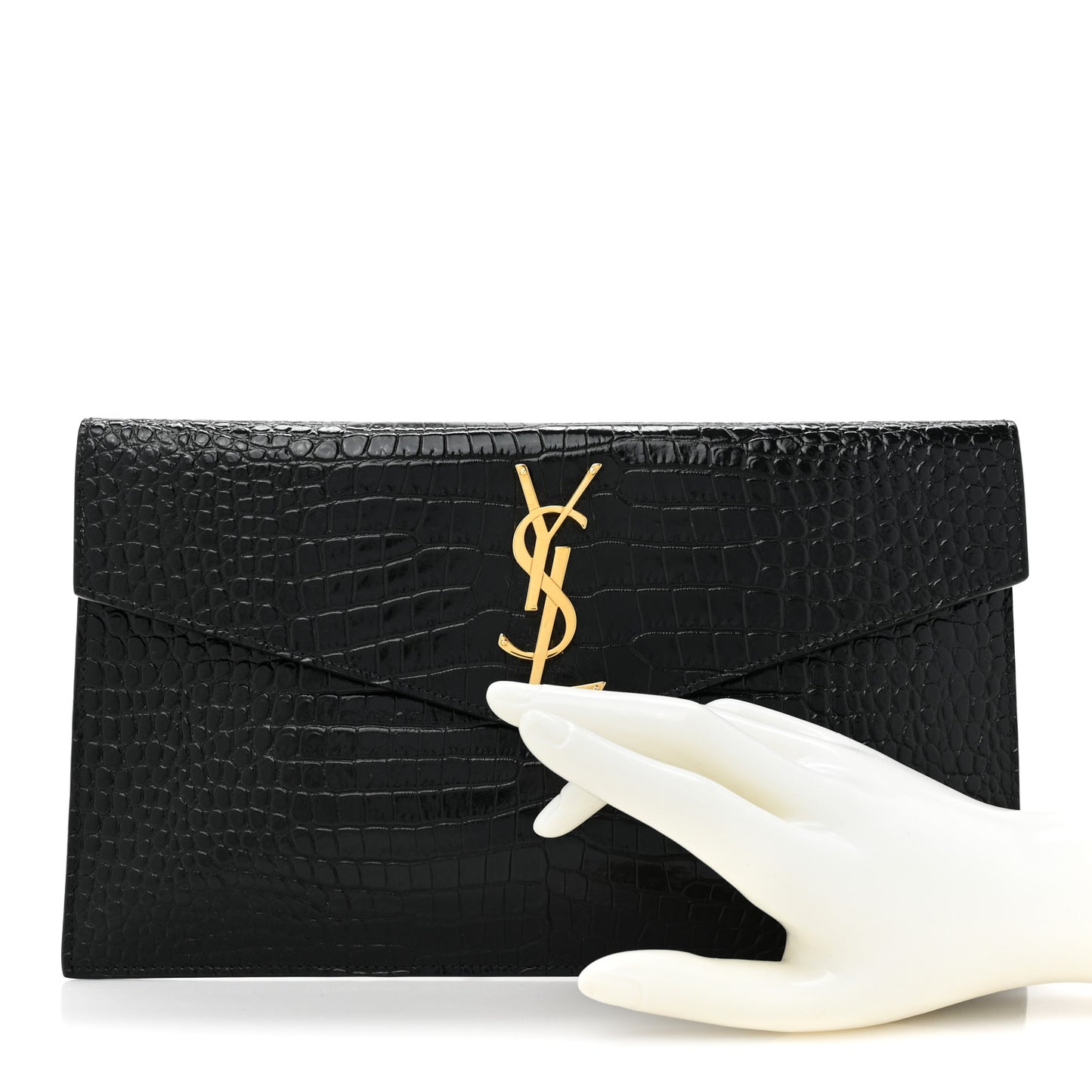 Calfskin Crocodile Embossed Uptown Monogram Clutch Black