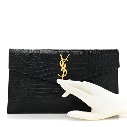 Saint Laurent Calfskin Crocodile Embossed Uptown Monogram Clutch Black 2 of 11