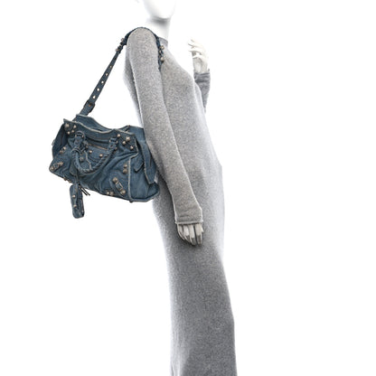 Balenciaga Washed Frayed Denim Crystal Neo Cagole City Handbag Blue 2 of 11