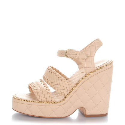 Chanel Calfskin Quilted Chain Around Wedge Sandals 37.5 Light Beige 1 of 8