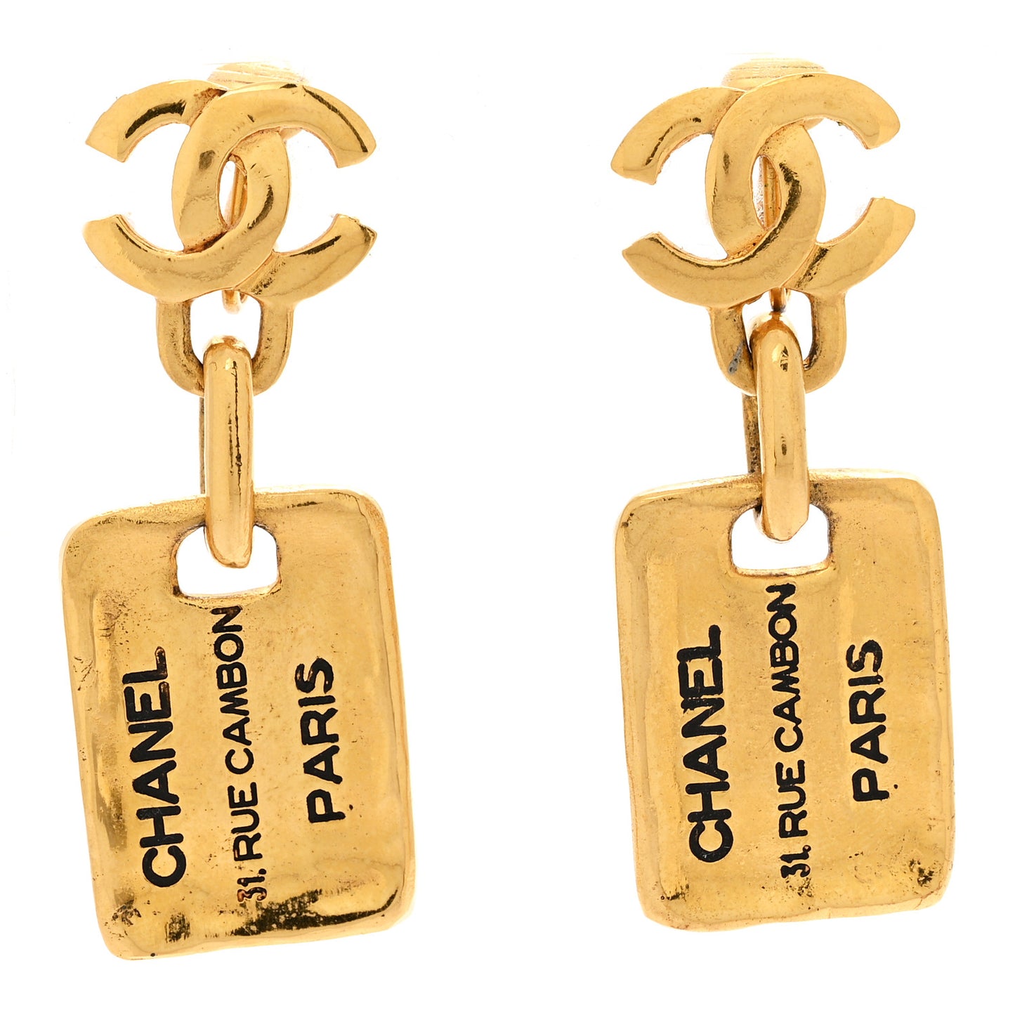 Metal Quilted Tag Drop Clip On Earrings Gold