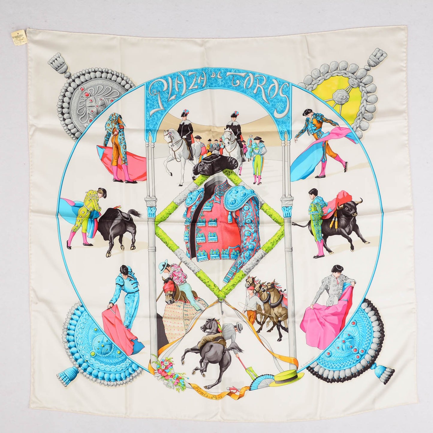 Silk Plaza De Toros Scarf 90 Blanc Turquoise Multicolor
