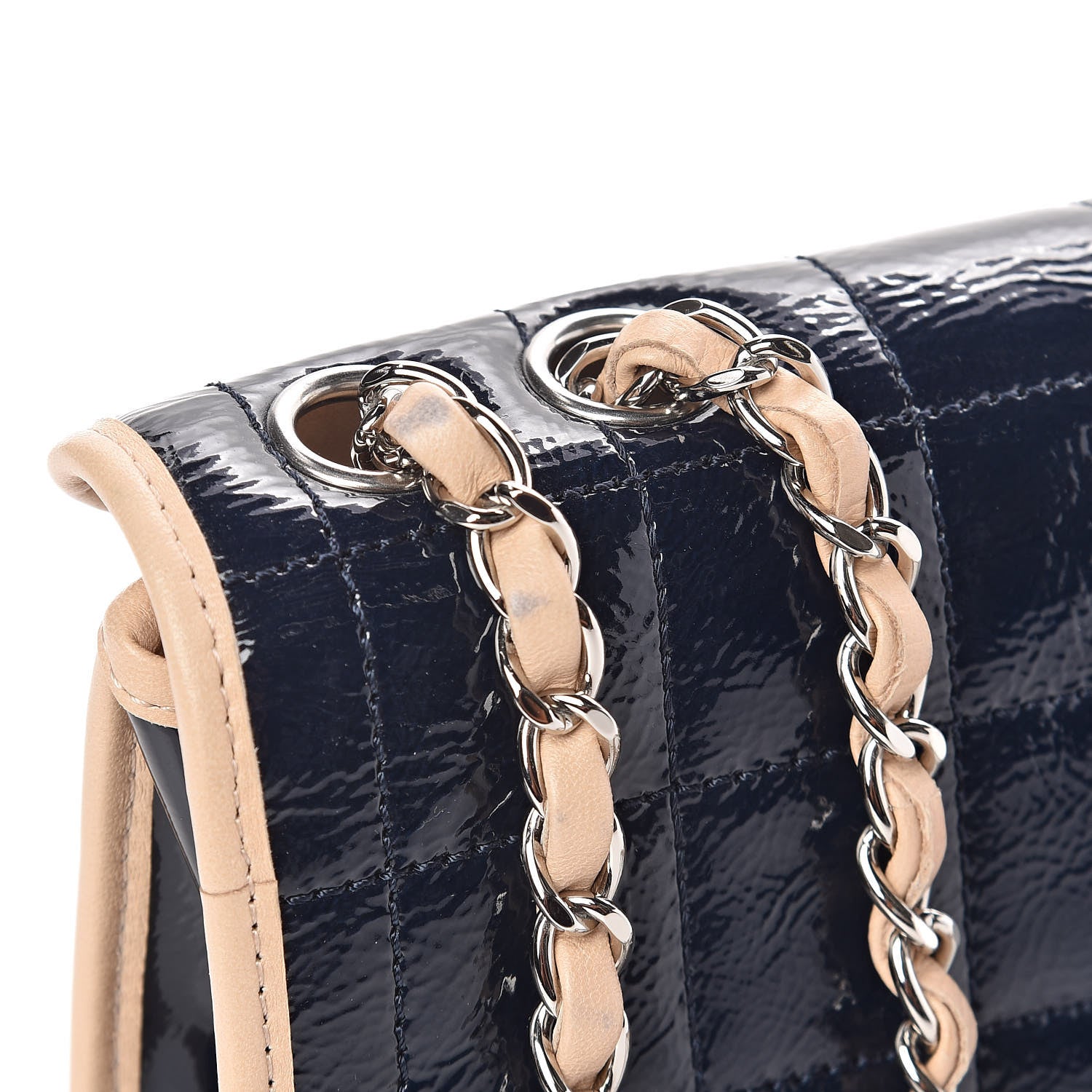 Chanel Patent Lambskin Medium Chocolate Bar Flap Navy Beige 14 of 15