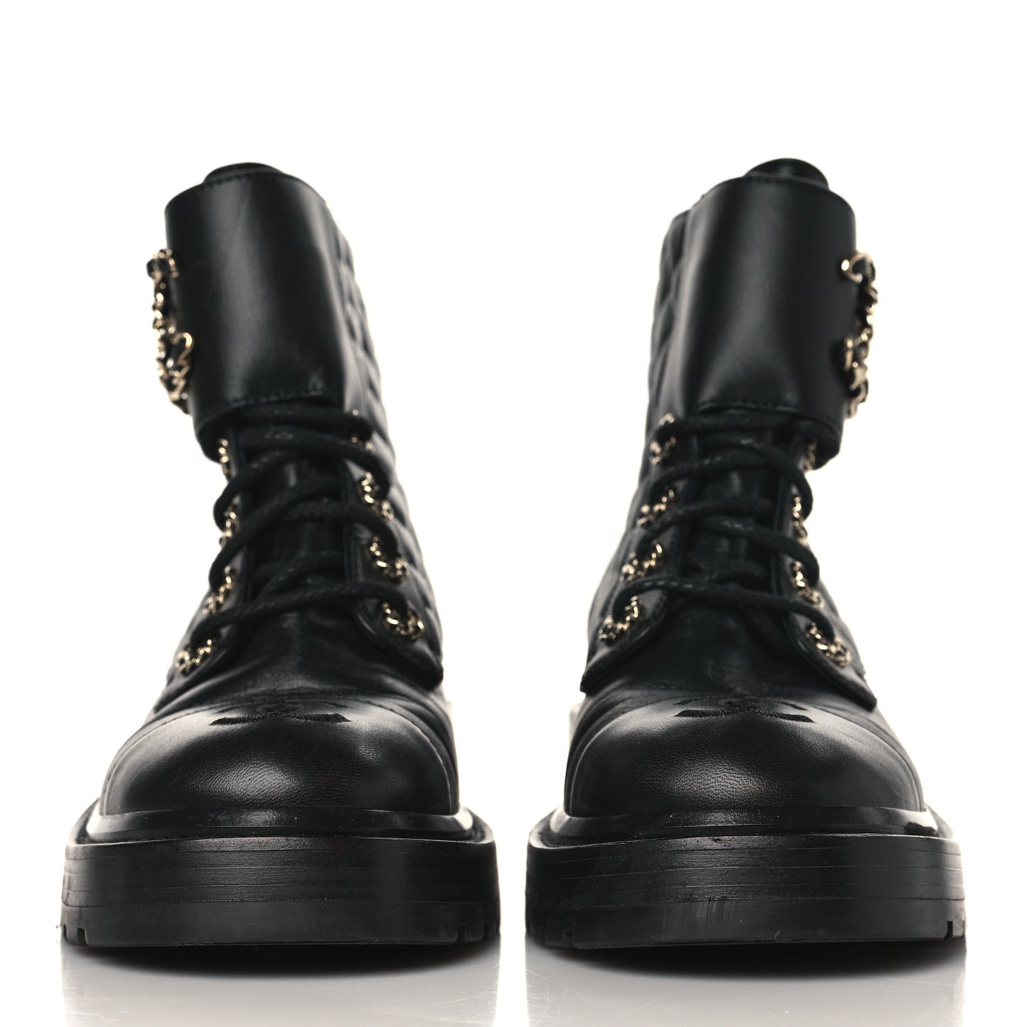 Shiny Calfskin Quilted Lace Up Combat Boots 37 Black