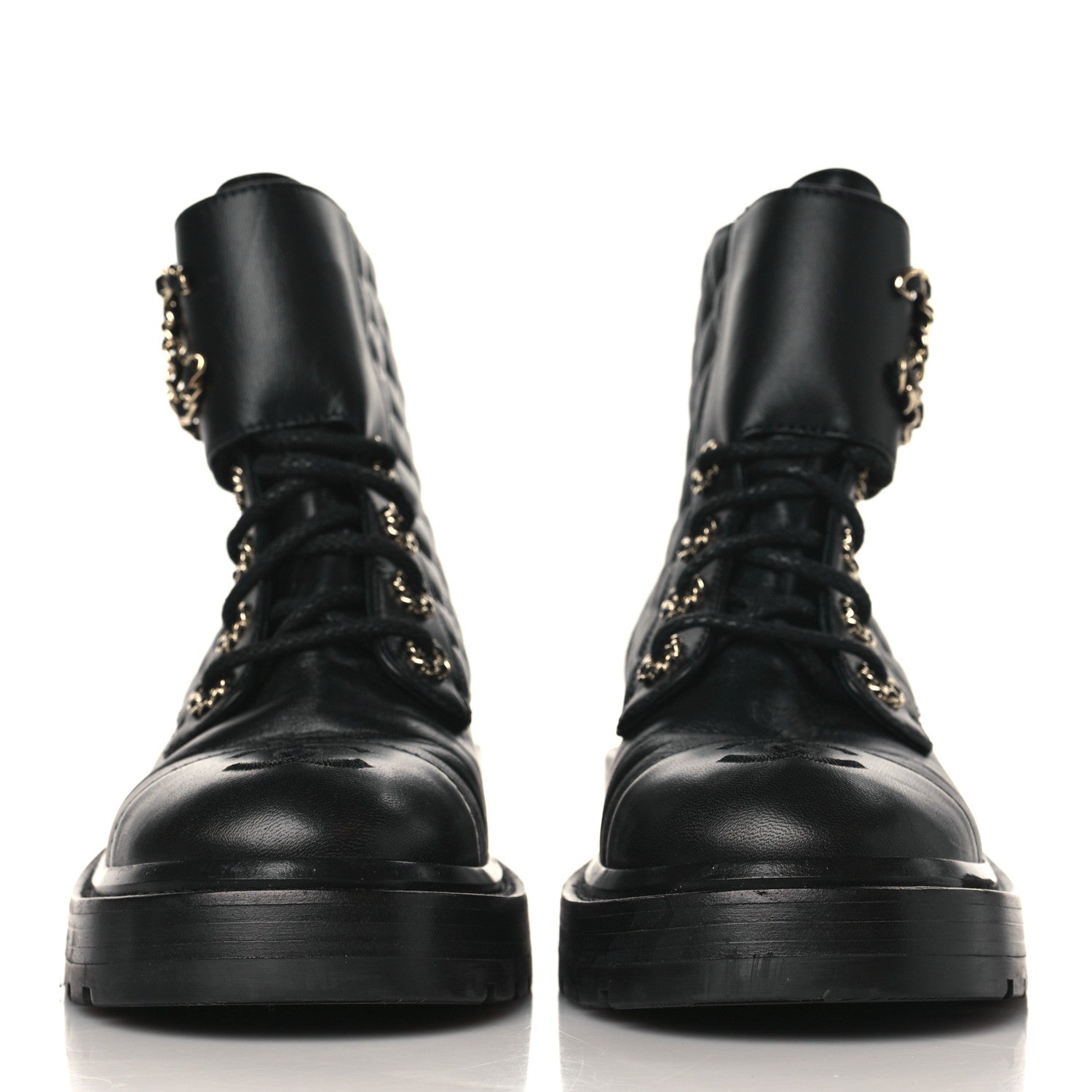 Chanel Shiny Calfskin Quilted Lace Up Combat Boots 37 Black 2 of 7