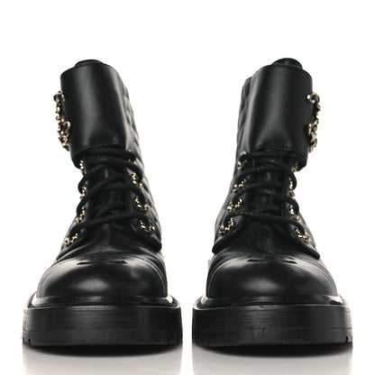 Chanel Shiny Calfskin Quilted Lace Up Combat Boots 37 Black 2 of 7