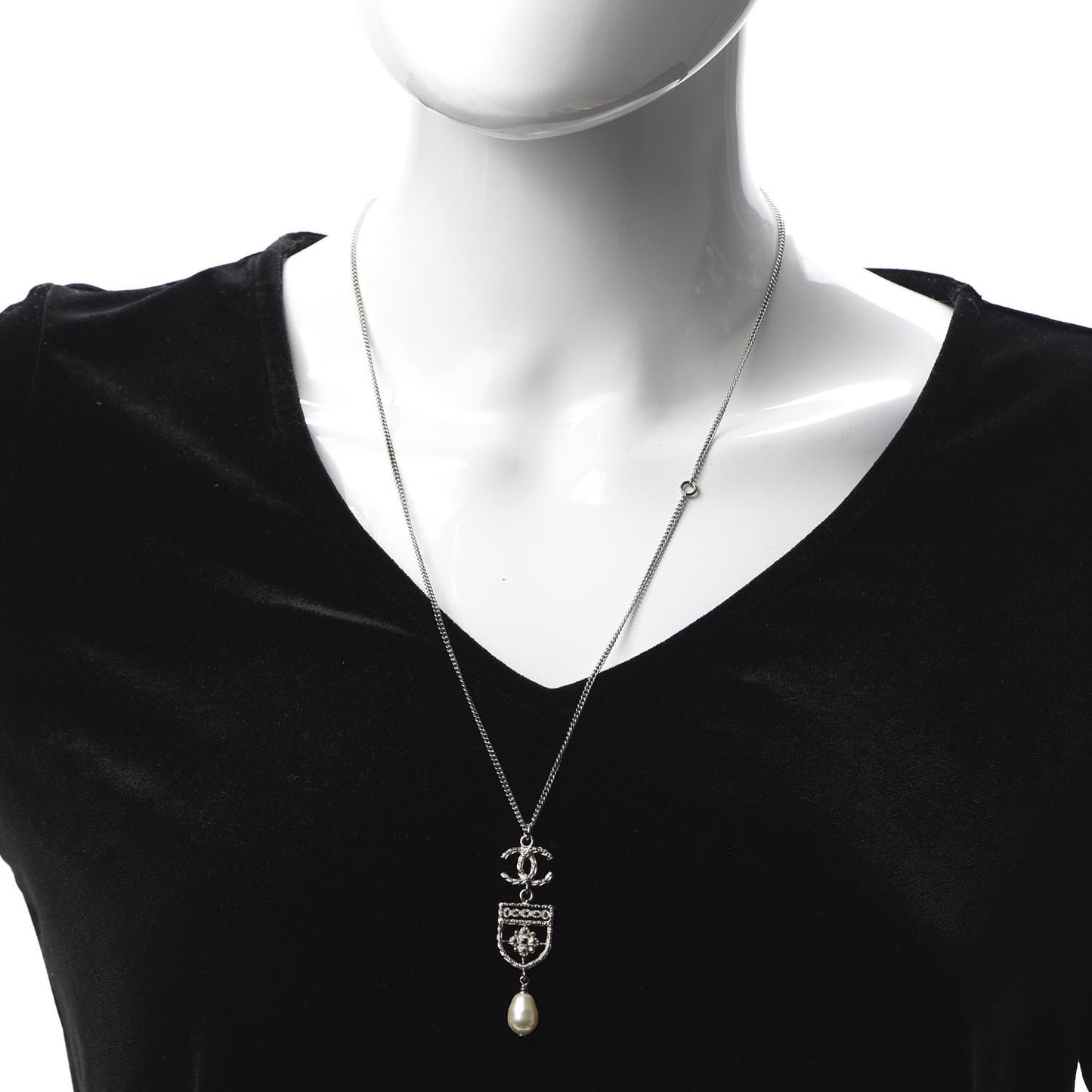 Resin Pearl CC Shield Drop Necklace Silver