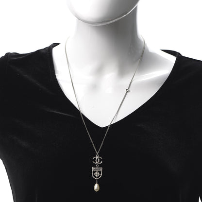 Chanel Resin Pearl CC Shield Drop Necklace Silver 2 of 4