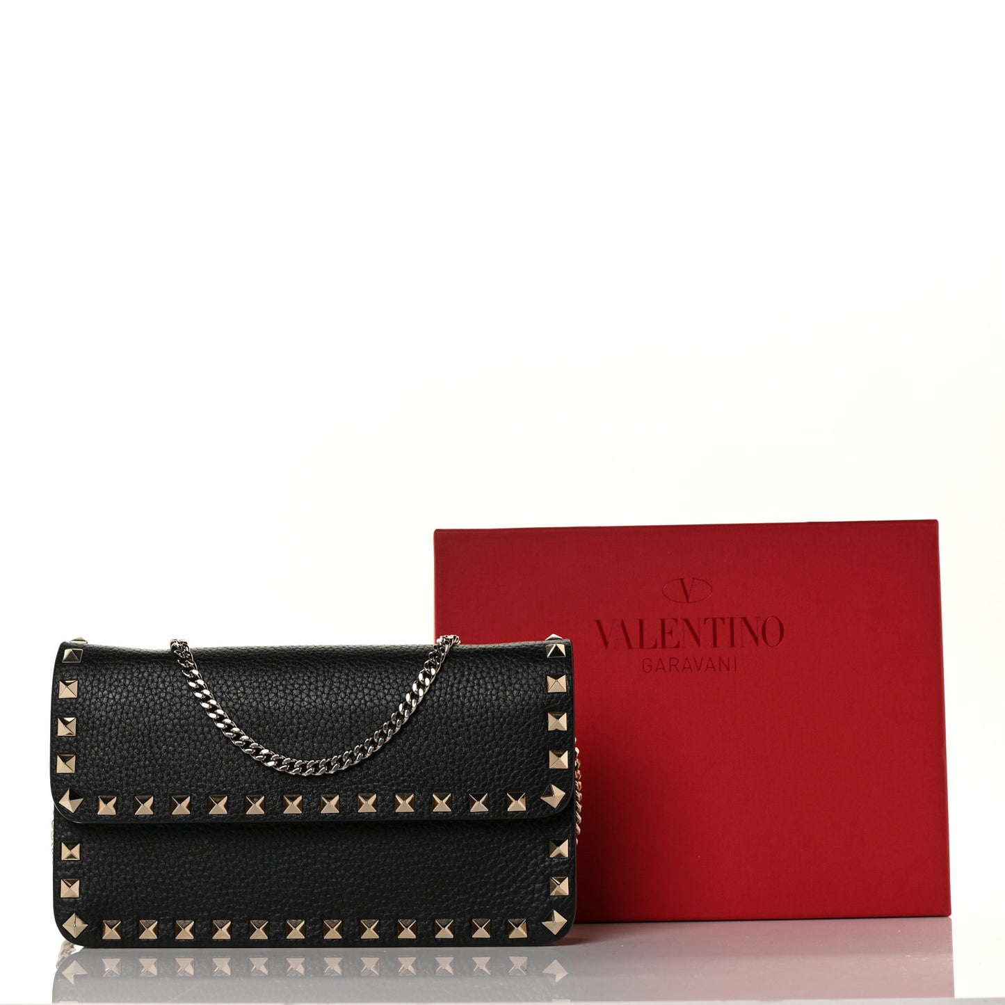 Pebbled Calfskin Rockstud Flap Wallet On Chain Black