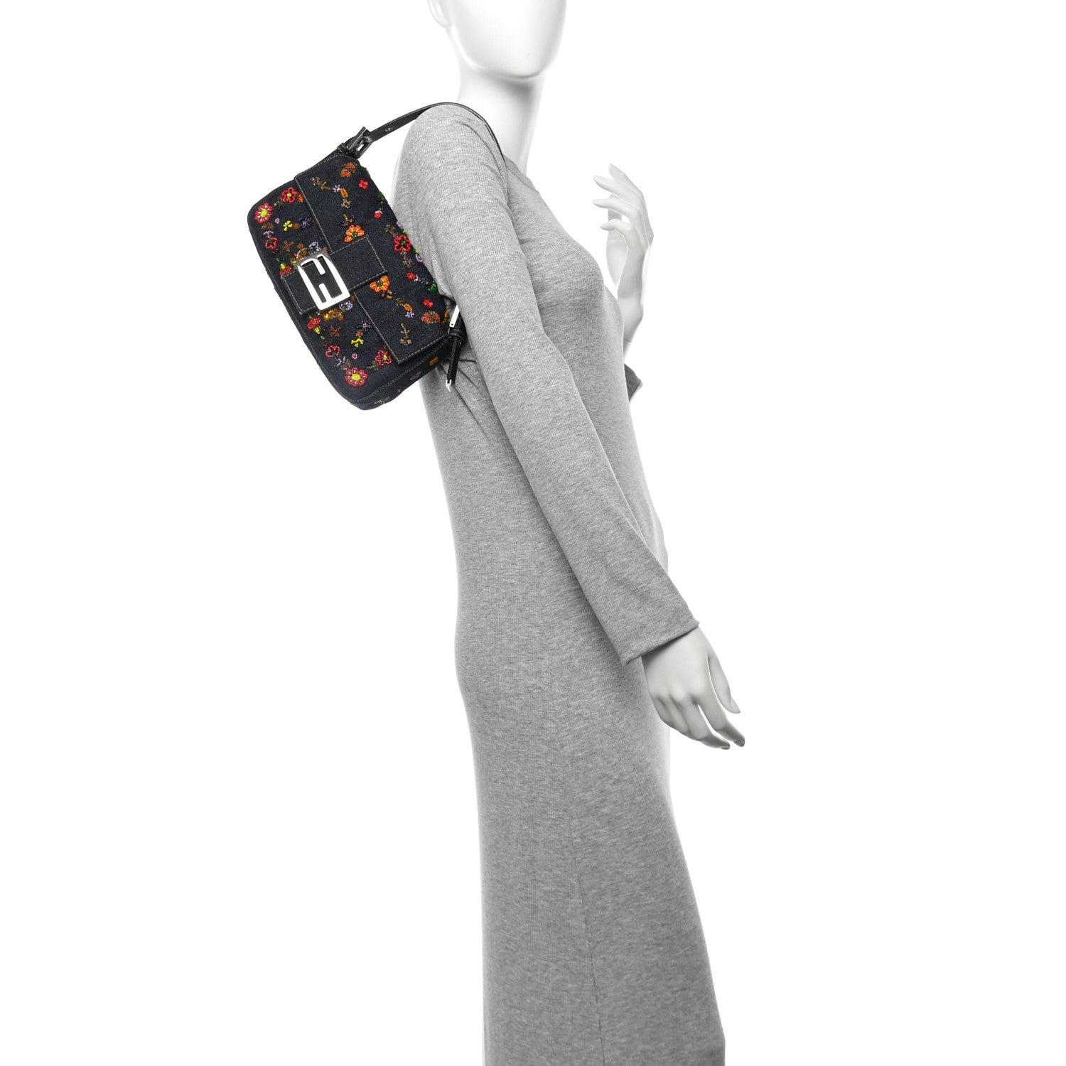 Fendi Denim Ricami Beaded Baguette Blue 2 of 10
