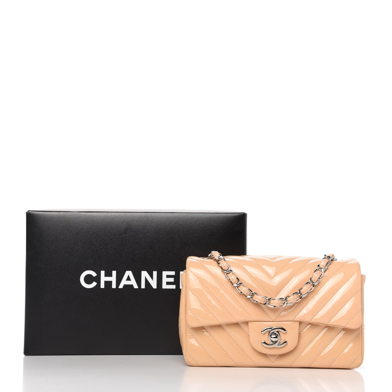 Chanel Patent Chevron Quilted Mini Rectangular Flap Beige 11 of 11