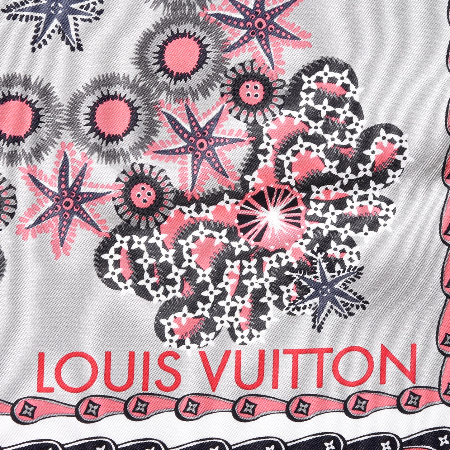 Silk Monogram Coral Square Scarf Pearl Grey