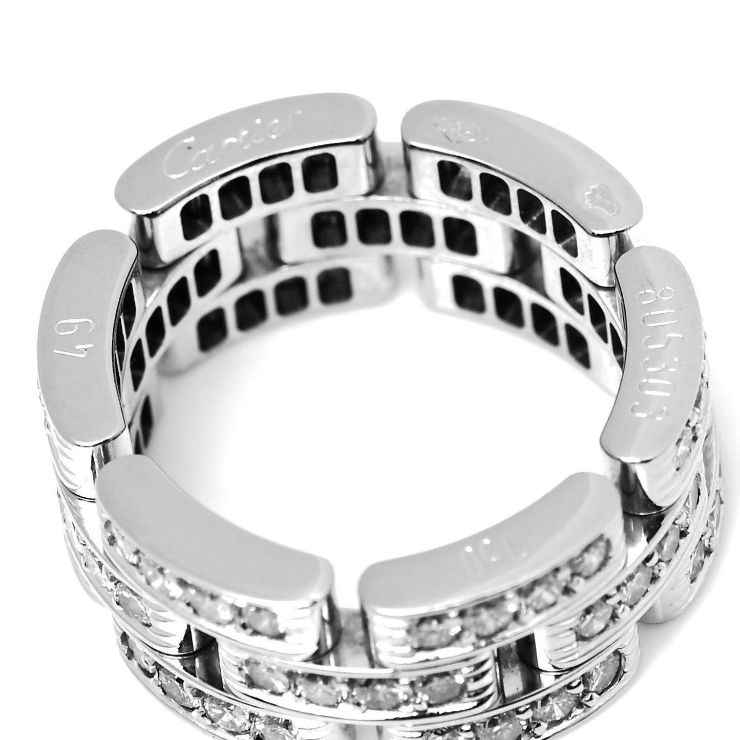 18K White Gold Diamond Maillon Panthere 3 Rows Paved Ring 49 4.75