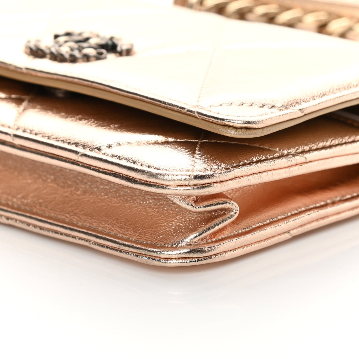 Metallic Goatskin Quilted Chanel 19 Wallet On Chain WOC Gold
