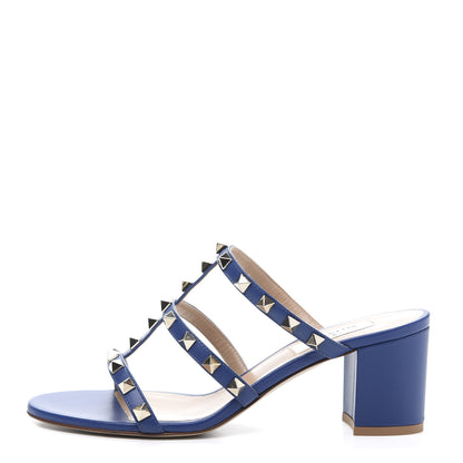 Valentino Garavani Calfskin Rockstud 60mm Caged Slide Sandals 37 Blu Delft 1 of 9