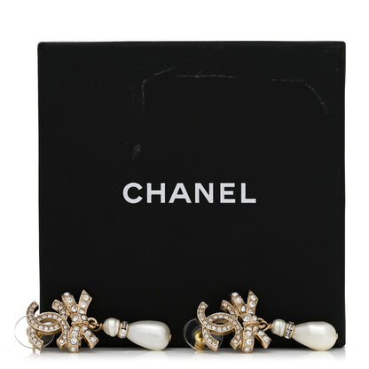 Chanel Crystal CC Bow Pearl Drop Earrings Gold Pearly White 5 of 5