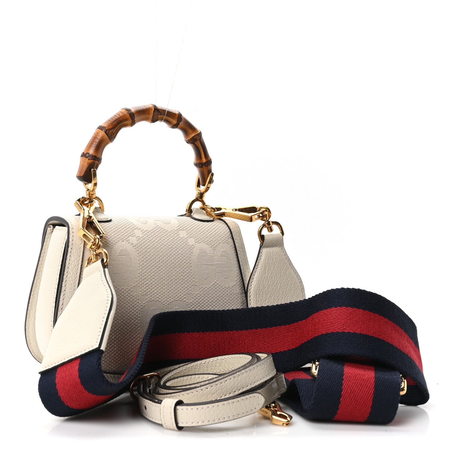 Gucci Monogram Jumbo GG Textured Dollar Calfskin Web Small Bamboo 1947 Top Handle Bag Off White 3 of 10